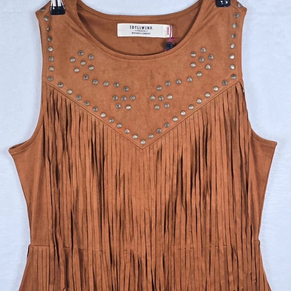 Idyllwind Garland Hippie Studded Fringe Faux Suede Sleeveless Mini Dress Sz.M - Picture 4 of 16